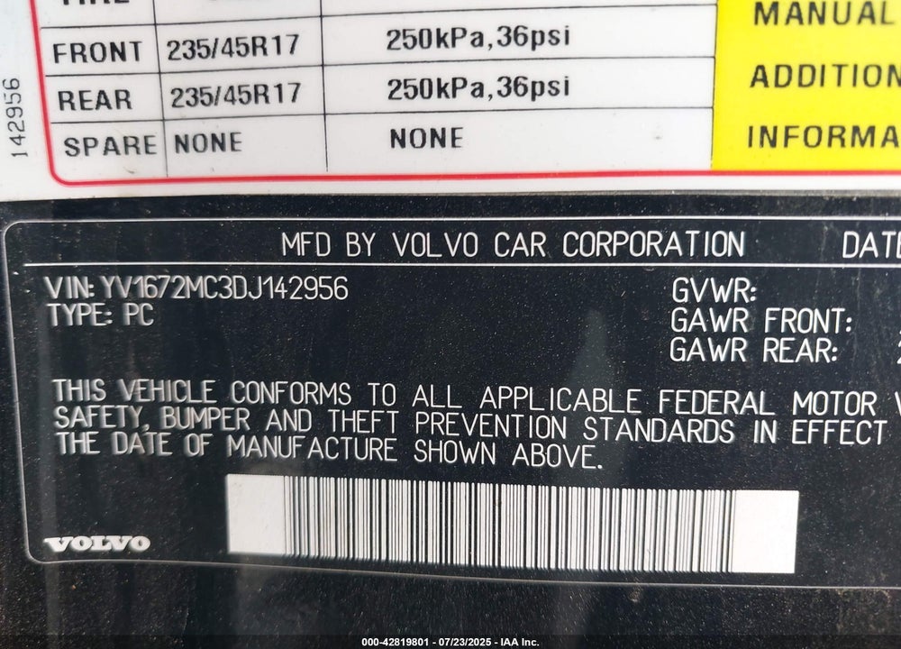 2013 VOLVO C70 VIN: YV1672MC3DJ142956