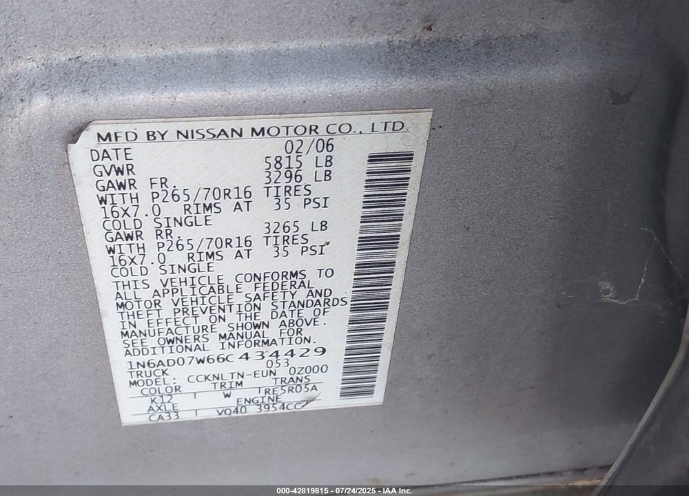 2006 NISSAN FRONTIER SE VIN: 1N6AD07W66C434429