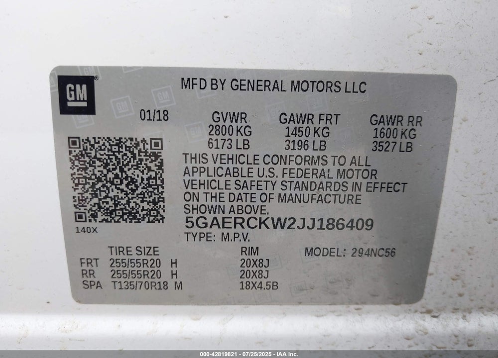 2018 BUICK ENCLAVE VIN: 5GAERCKW2JJ186409