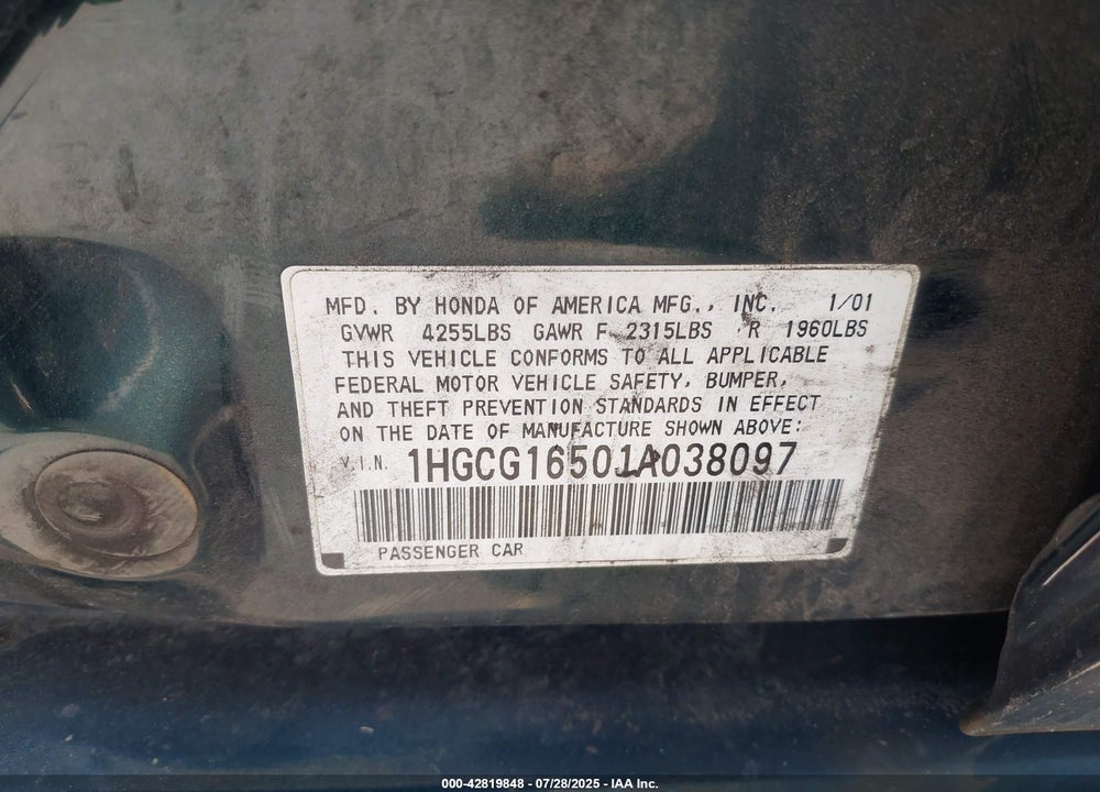 2001 HONDA ACCORD VIN: 1HGCG16501A038097