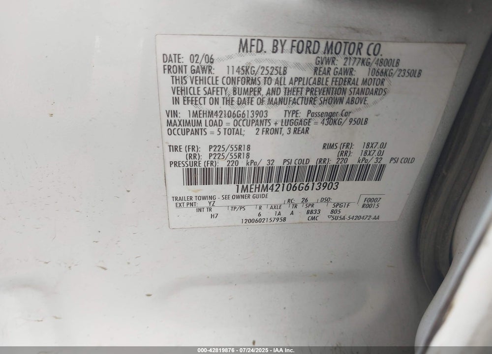 2006 MERCURY MONTEGO VIN: 1MEHM42106G613903