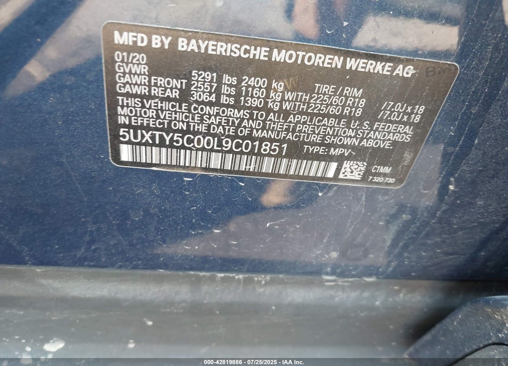 2020 BMW X3 VIN: 5UXTY5C00L9C01851