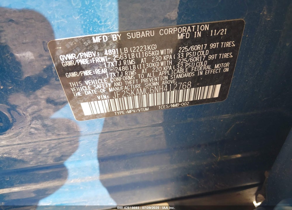 2022 SUBARU FORESTER VIN: JF2SKAMC6NH412768