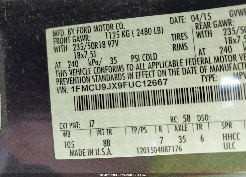 2015 FORD ESCAPE VIN: 1FMCU9JX9FUC12667