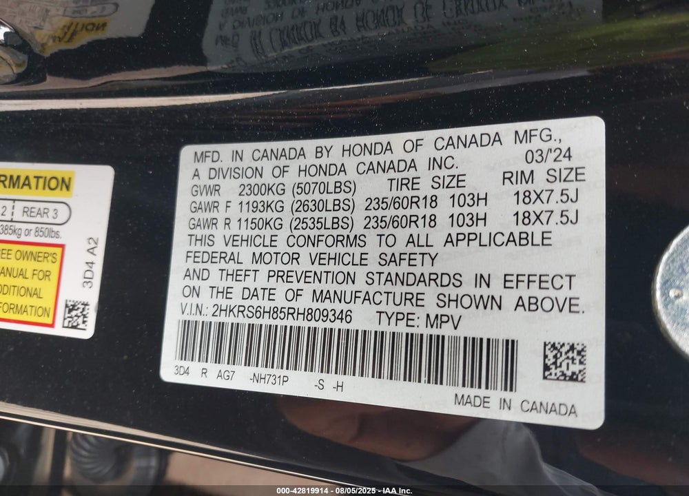 2024 HONDA CR-V HYBRID SPORT-L VIN: 2HKRS6H85RH809346