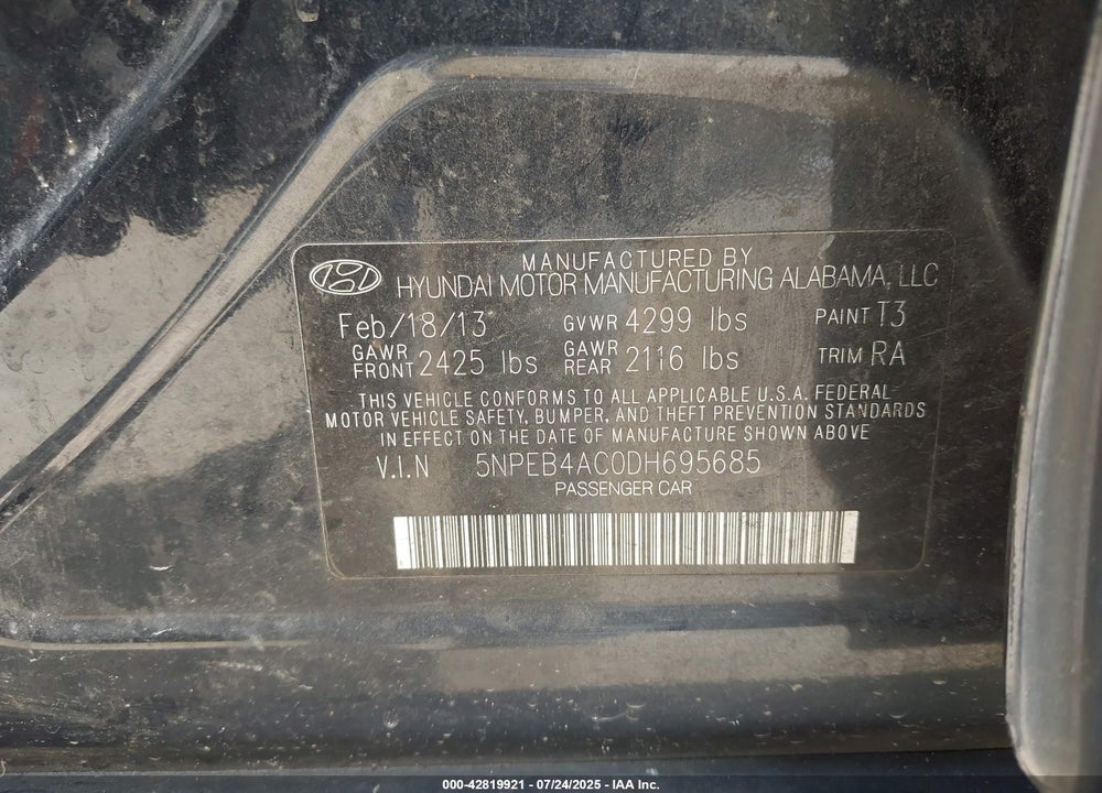 2013 HYUNDAI SONATA VIN: 5NPEB4AC0DH695685
