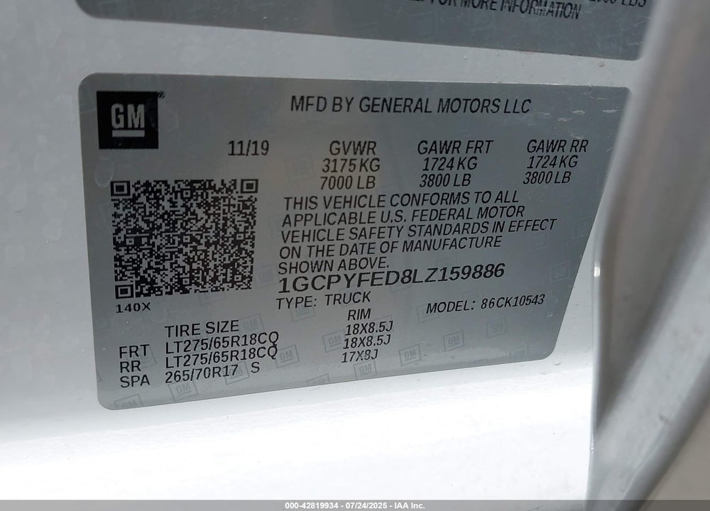 2020 CHEVROLET SILVERADO 1500 VIN: 1GCPYFED8LZ159886