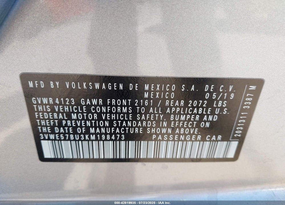 2019 VOLKSWAGEN JETTA VIN: 3VWE57BU3KM198473