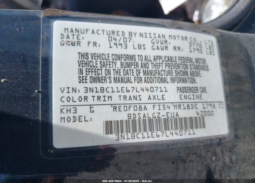 2007 NISSAN VERSA VIN: 3N1BC11E67L440711