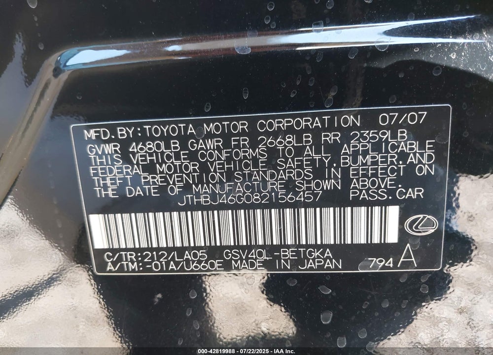 2008 LEXUS ES350 VIN: JTHBJ46G082156457