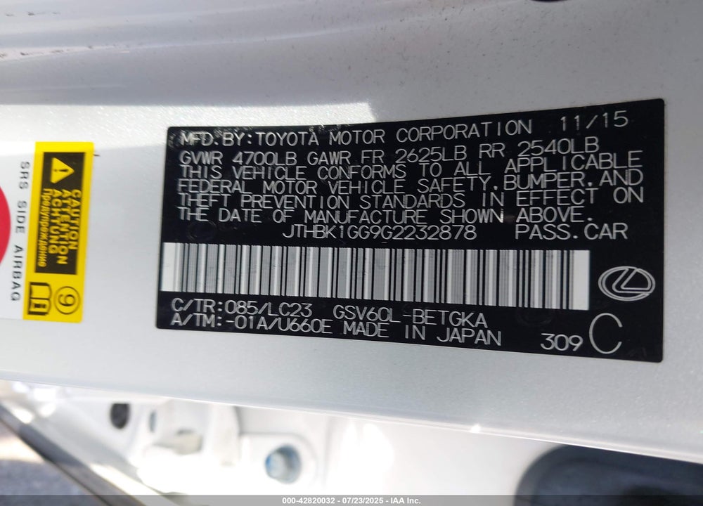 2016 LEXUS ES 350 VIN: JTHBK1GG9G2232878