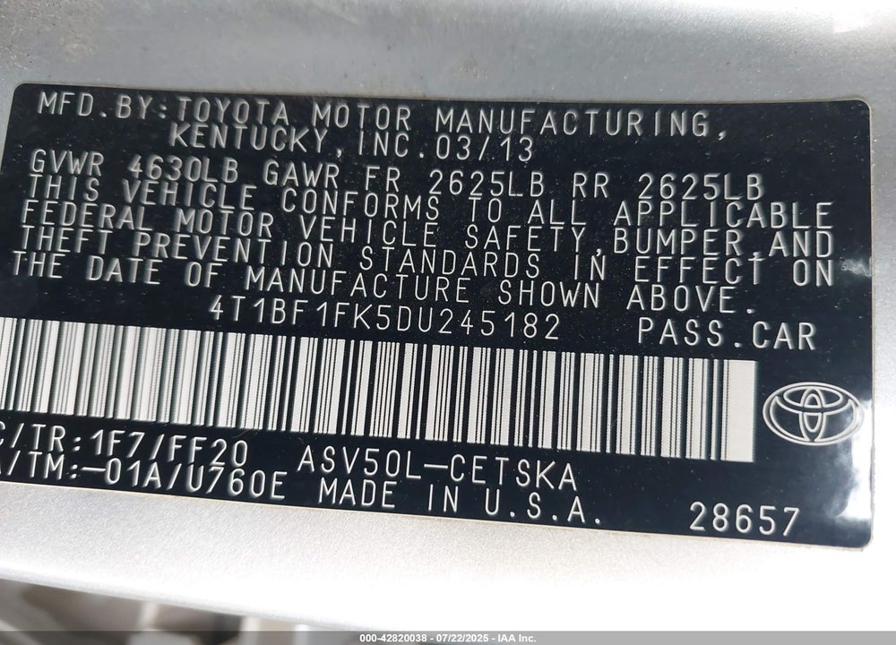 2013 TOYOTA CAMRY VIN: 4T1BF1FK5DU245182