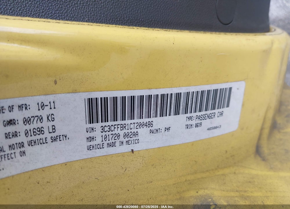 2012 FIAT 500 VIN: 3C3CFFBR1CT200486