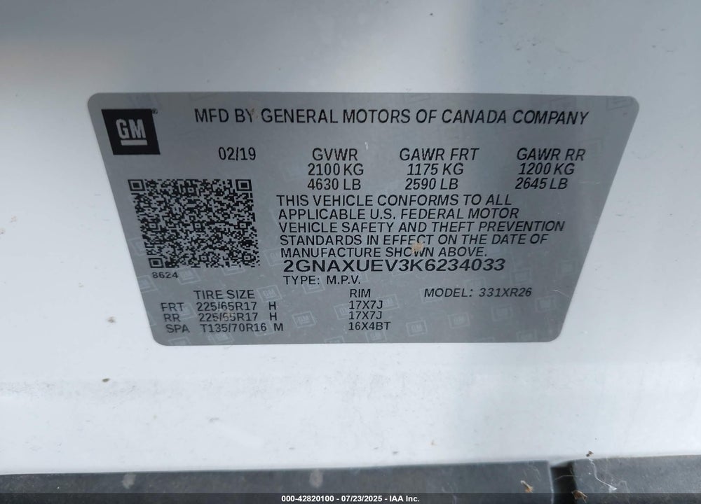 2019 CHEVROLET EQUINOX VIN: 2GNAXUEV3K6234033