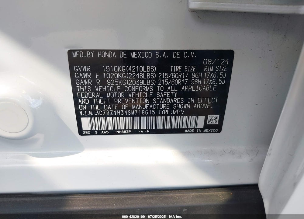 2025 HONDA HR-V VIN: 3CZRZ1H34SM718615