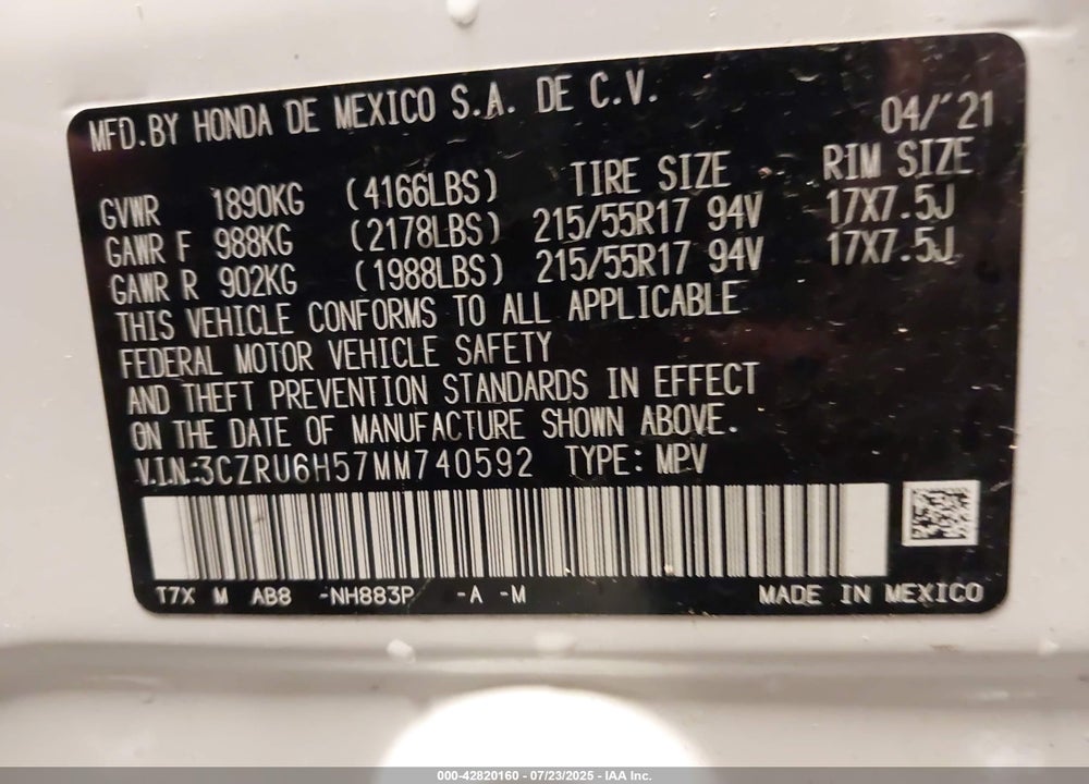 2021 HONDA HR-V VIN: 3CZRU6H57MM740592