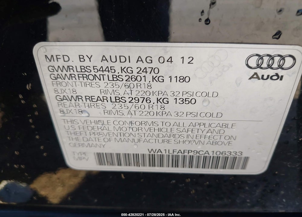 2012 AUDI Q5 VIN: WA1LFAFP9CA106333