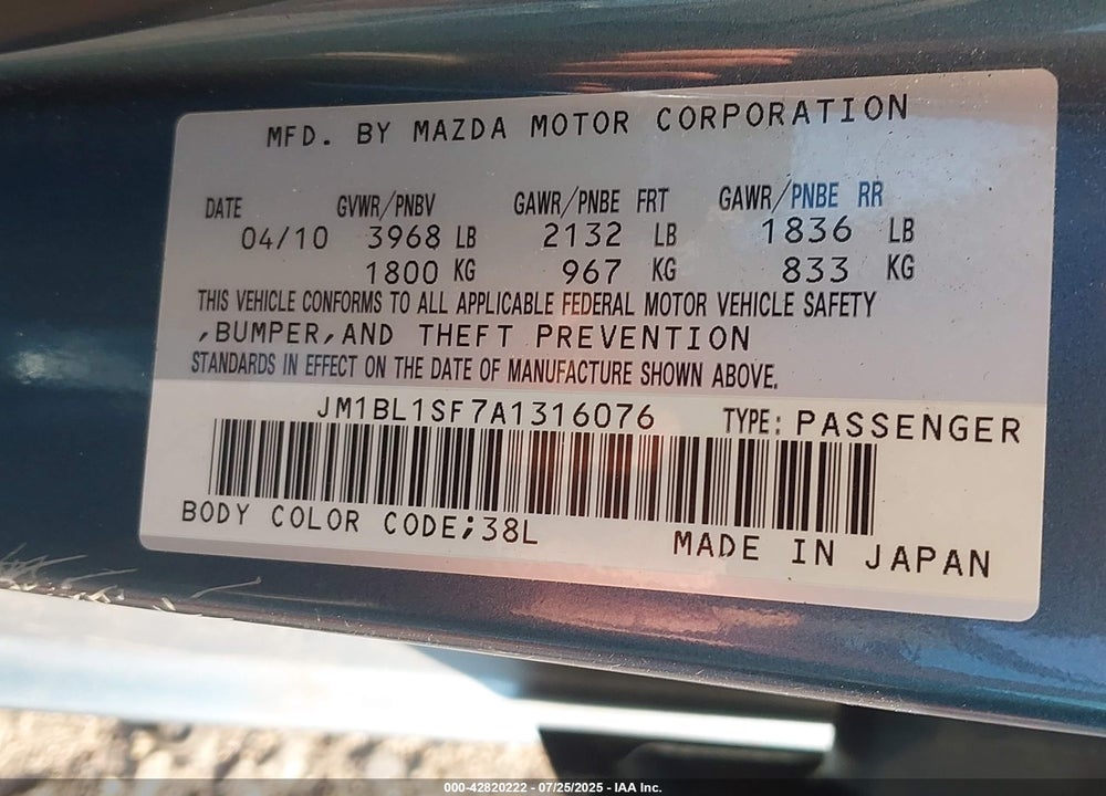 2010 MAZDA 3 VIN: JM1BL1SF7A1316076