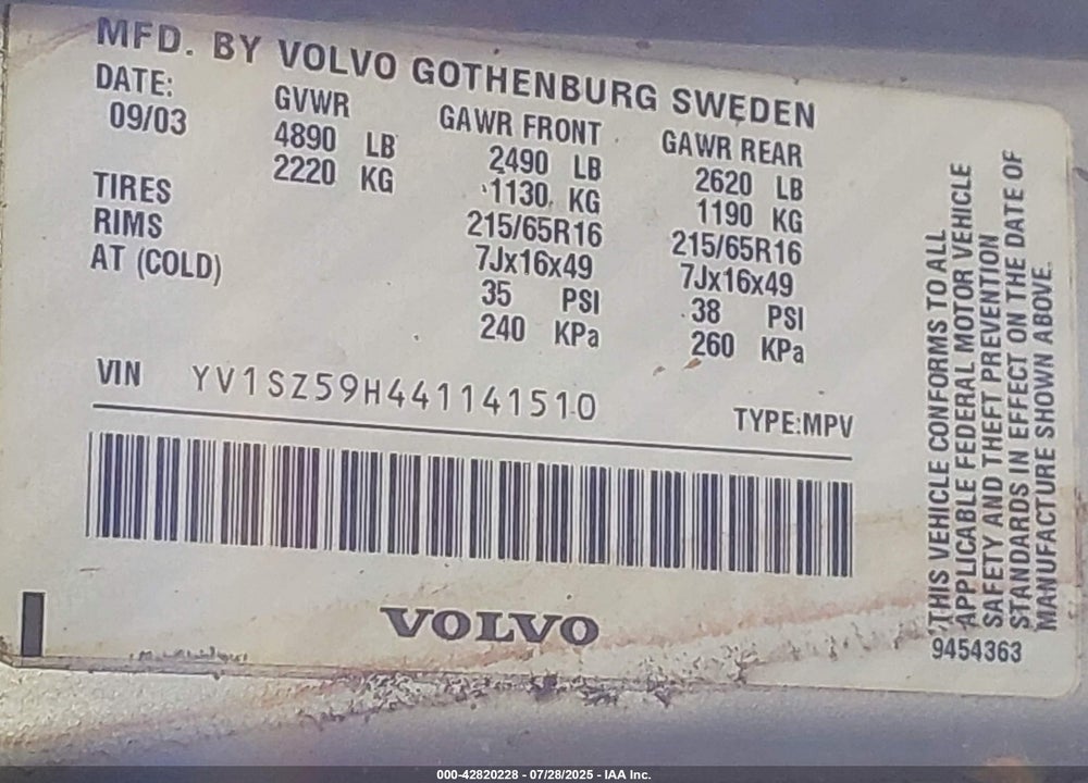 2004 VOLVO XC70 VIN: YV1SZ59H441141510