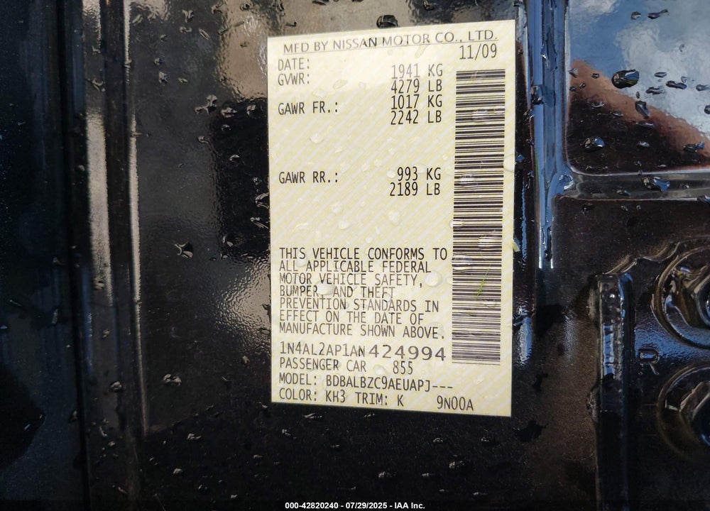 2010 NISSAN ALTIMA VIN: 1N4AL2AP1AN424994