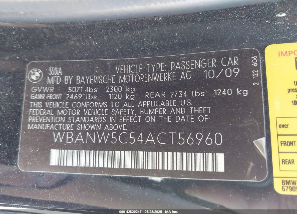 2010 BMW 5 SERIES VIN: WBANW5C54ACT56960
