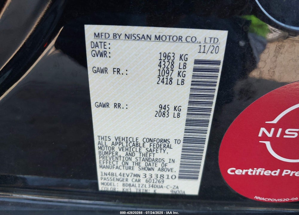 2021 NISSAN ALTIMA VIN: 1N4BL4EV7MN333810