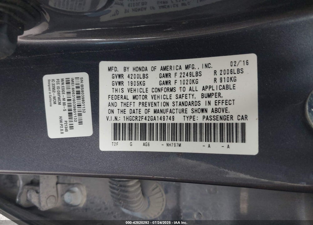 2016 HONDA ACCORD LX VIN: 1HGCR2F42GA149749