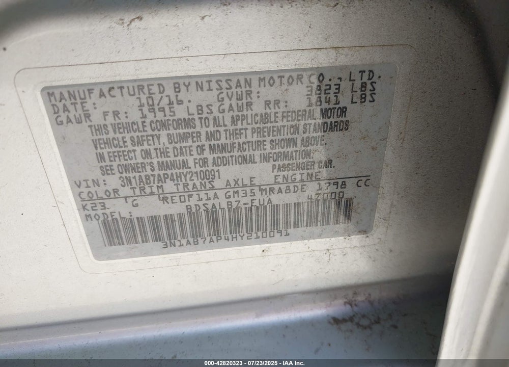 2017 NISSAN SENTRA VIN: 3N1AB7AP4HY210091