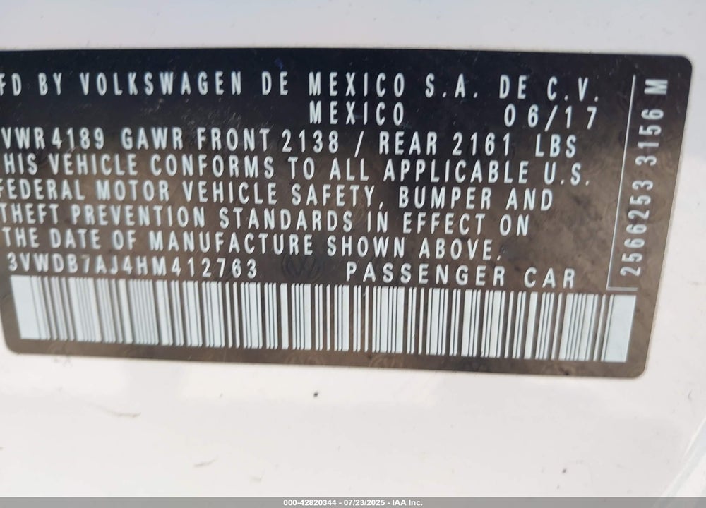 2017 VOLKSWAGEN JETTA VIN: 3VWDB7AJ4HM412763