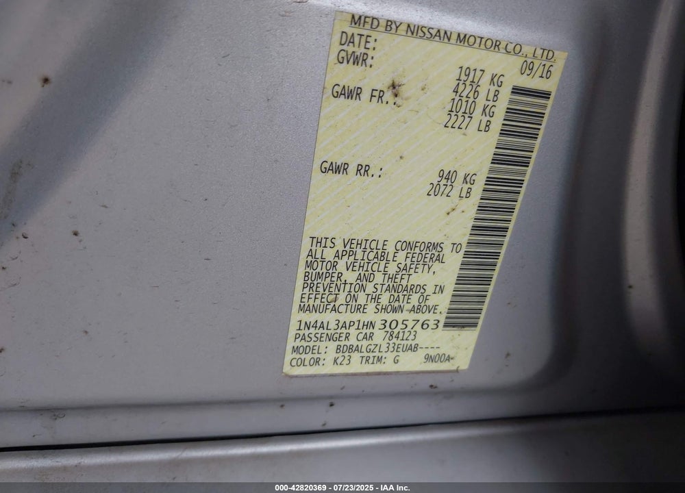 2017 NISSAN ALTIMA VIN: 1N4AL3AP1HN305763