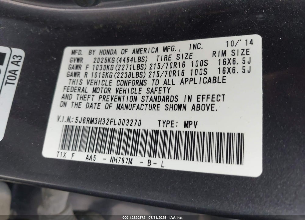 2015 HONDA CR-V VIN: 5J6RM3H32FL003270