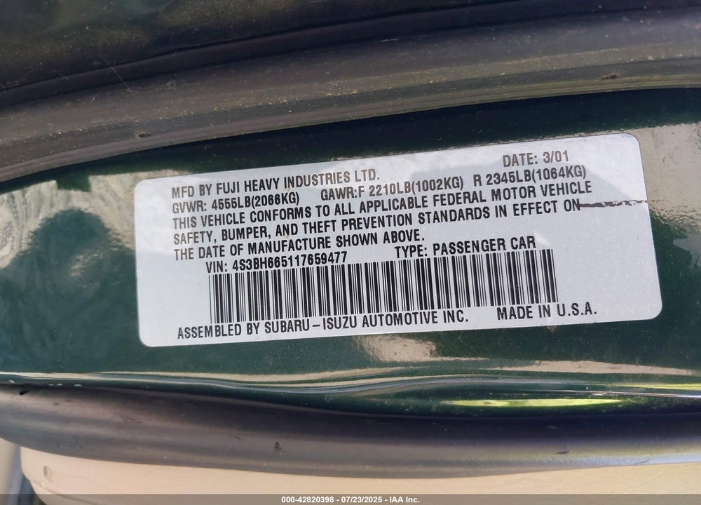 2001 SUBARU OUTBACK VIN: 4S3BH665117659477