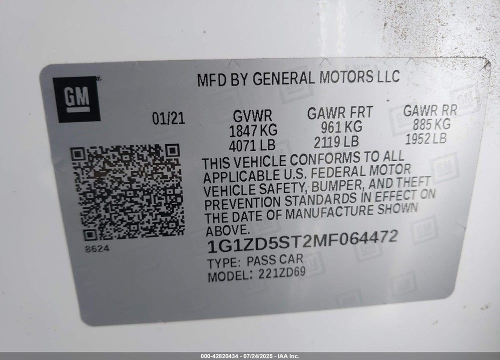 2021 CHEVROLET MALIBU VIN: 1G1ZD5ST2MF064472