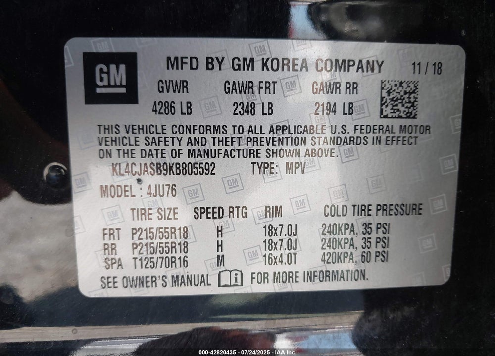 2019 BUICK ENCORE VIN: KL4CJASB9KB805592
