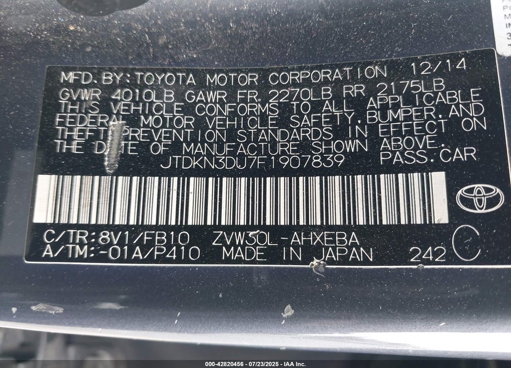 2015 TOYOTA PRIUS VIN: JTDKN3DU7F1907839