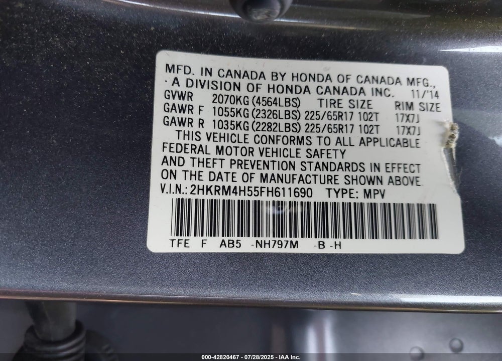 2015 HONDA CR-V VIN: 2HKRM4H55FH611690