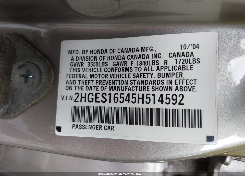 2005 HONDA CIVIC LX VIN: 2HGES16545H514592