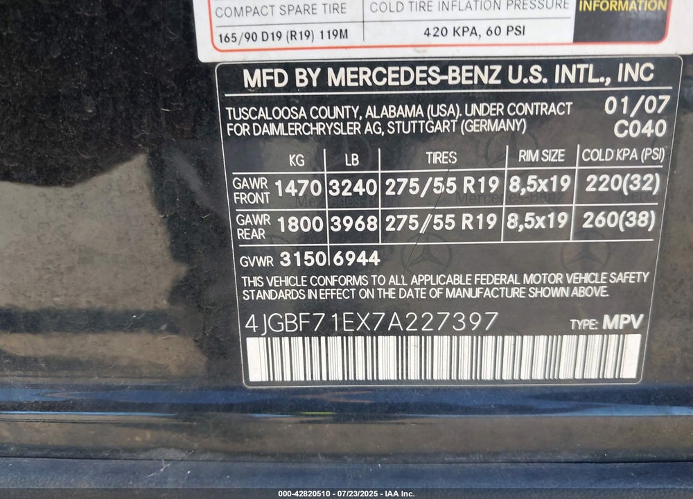 2007 MERCEDES-BENZ GL-CLASS VIN: 4JGBF71EX7A227397
