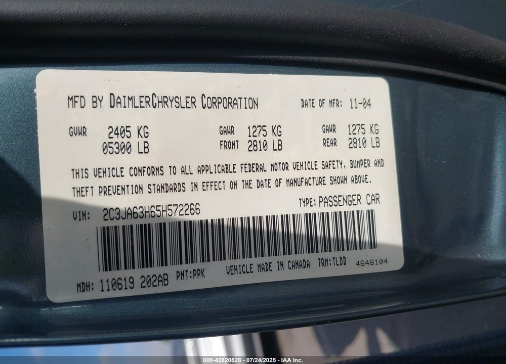 2005 CHRYSLER 300C VIN: 2C3JA63H65H572266