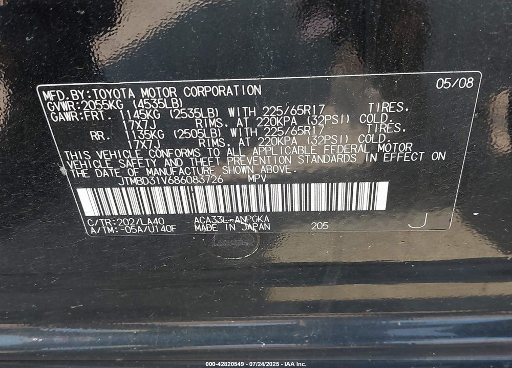 2008 TOYOTA RAV4 VIN: JTMBD31V686083726