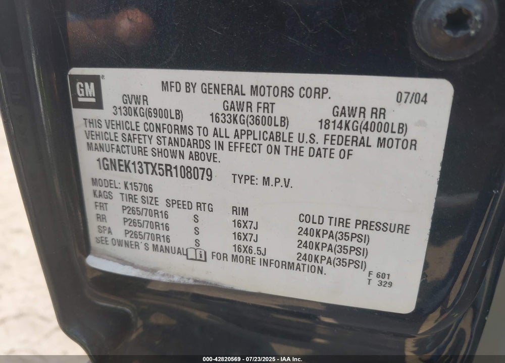 2005 CHEVROLET TAHOE LS VIN: 1GNEK13TX5R108079