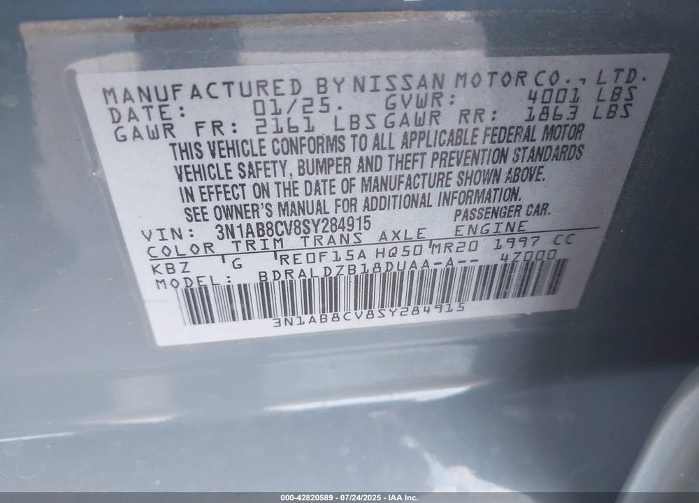 2025 NISSAN SENTRA VIN: 3N1AB8CV8SY284915