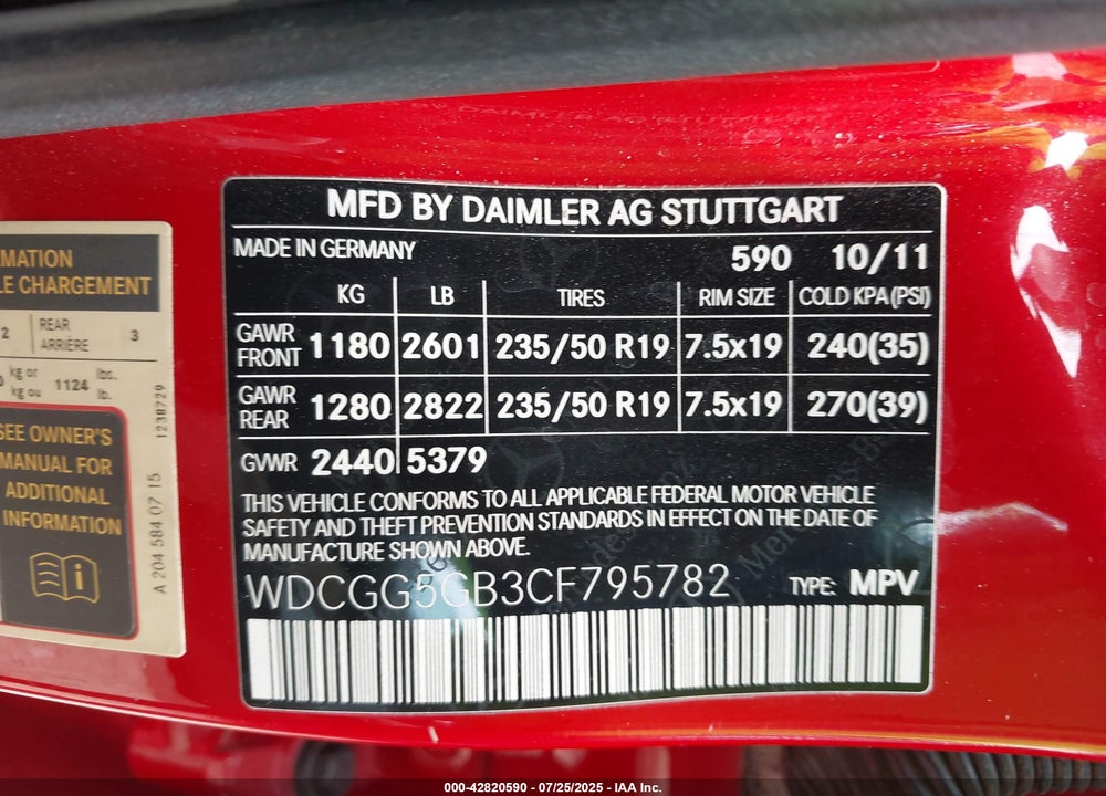 2012 MERCEDES-BENZ GLK-CLASS VIN: WDCGG5GB3CF795782