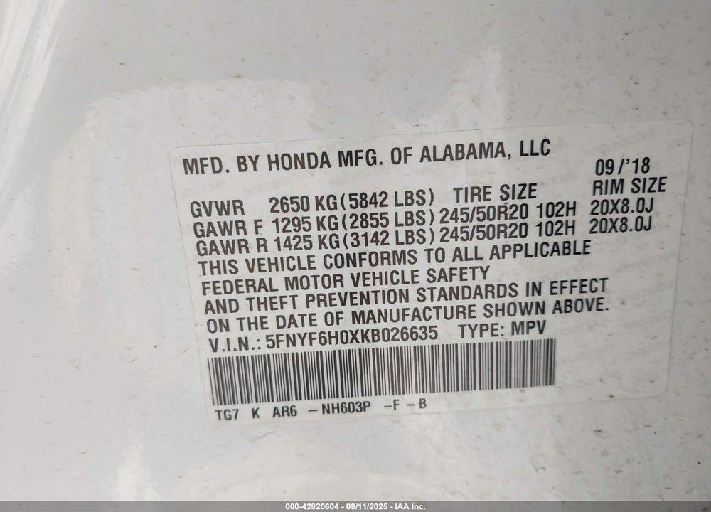 2019 HONDA PILOT VIN: 5FNYF6H0XKB026635