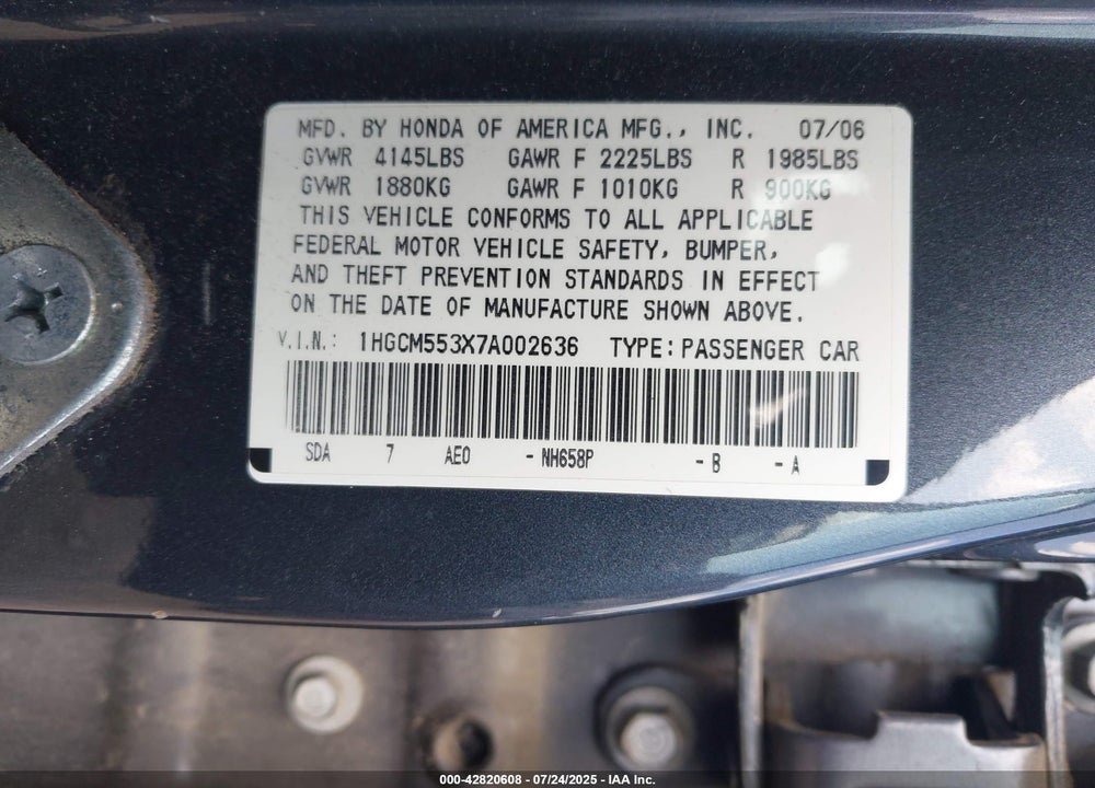 2007 HONDA ACCORD VIN: 1HGCM553X7A002636