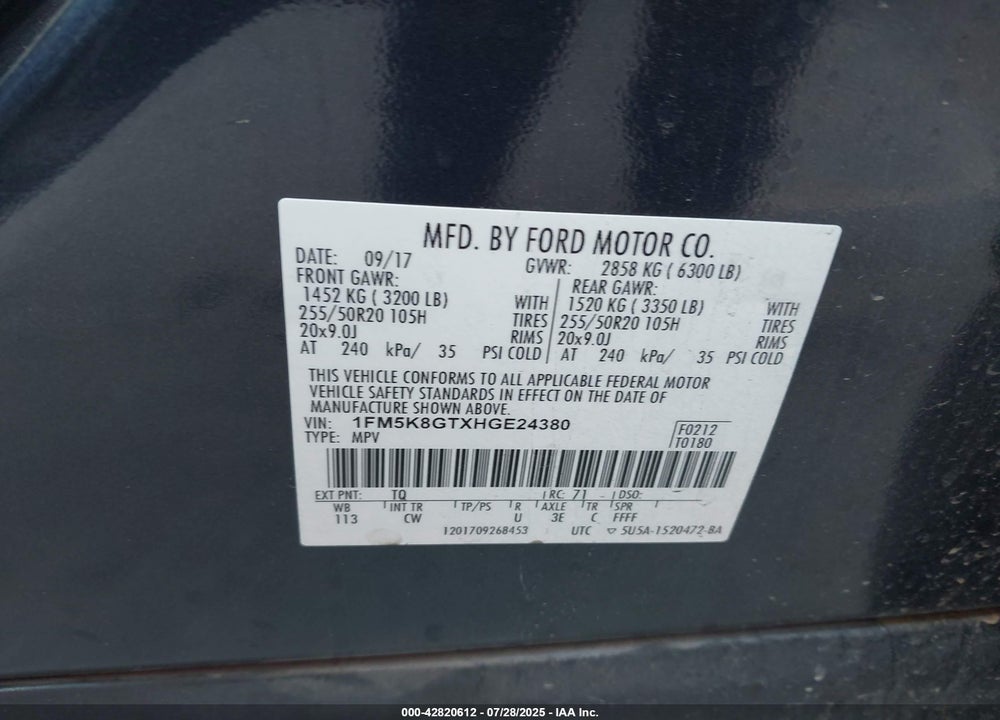 2017 FORD EXPLORER VIN: 1FM5K8GTXHGE24380