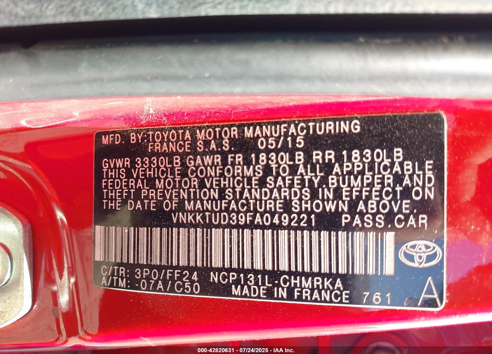 2015 TOYOTA YARIS VIN: VNKKTUD39FA049221