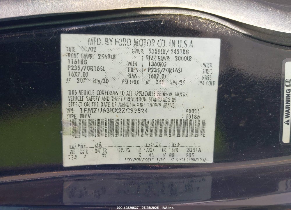 2002 FORD EXPLORER XLT VIN: 1FMZU63KX2ZC89524