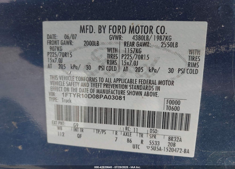 2008 FORD RANGER VIN: 1FTYR10D08PA03081