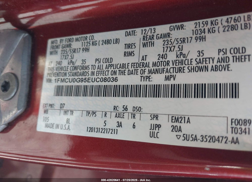 2014 FORD ESCAPE VIN: 1FMCU0G95EUC08036